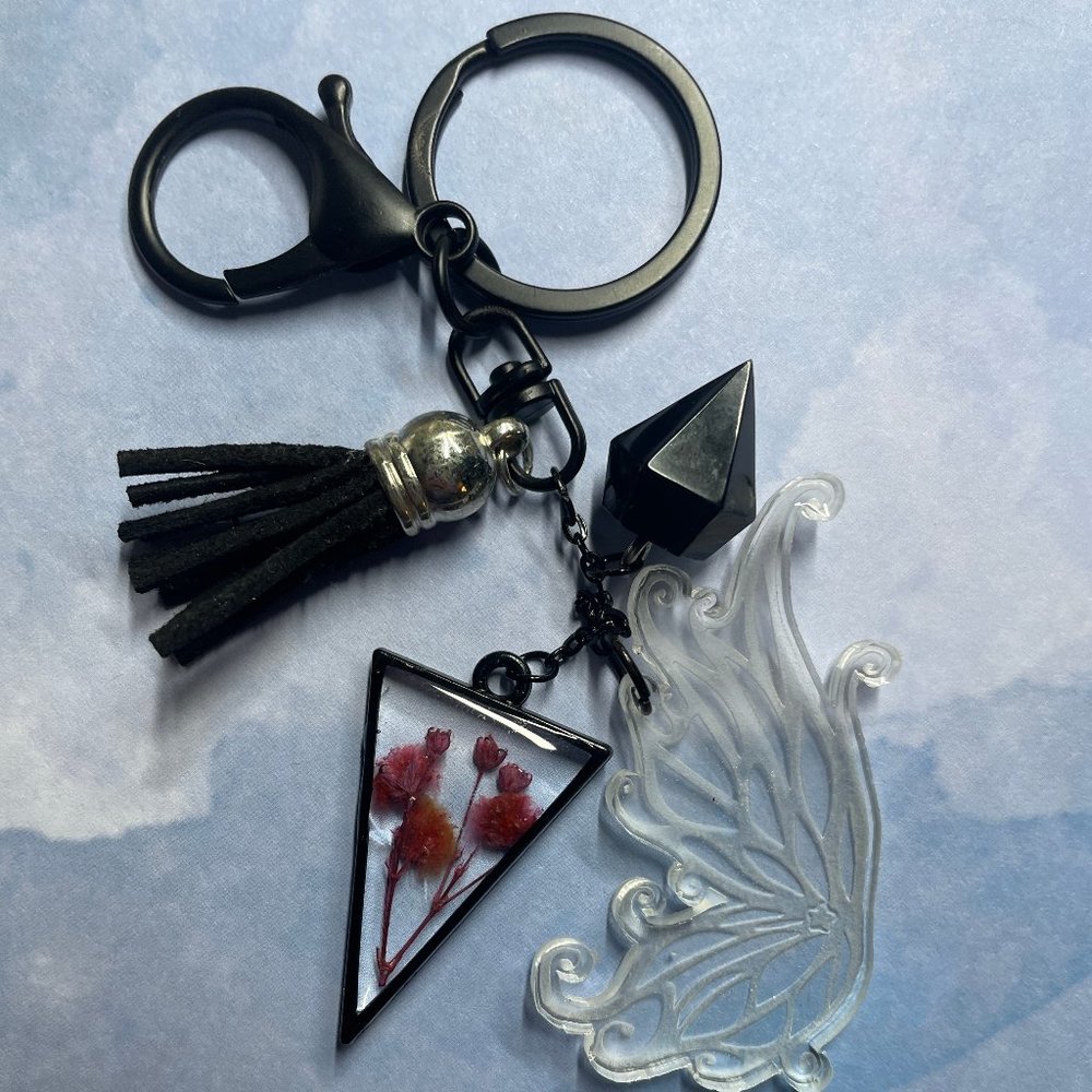 Extra Fun Chunky handmade Black Keyring Butterfly Pressed purple flowers
